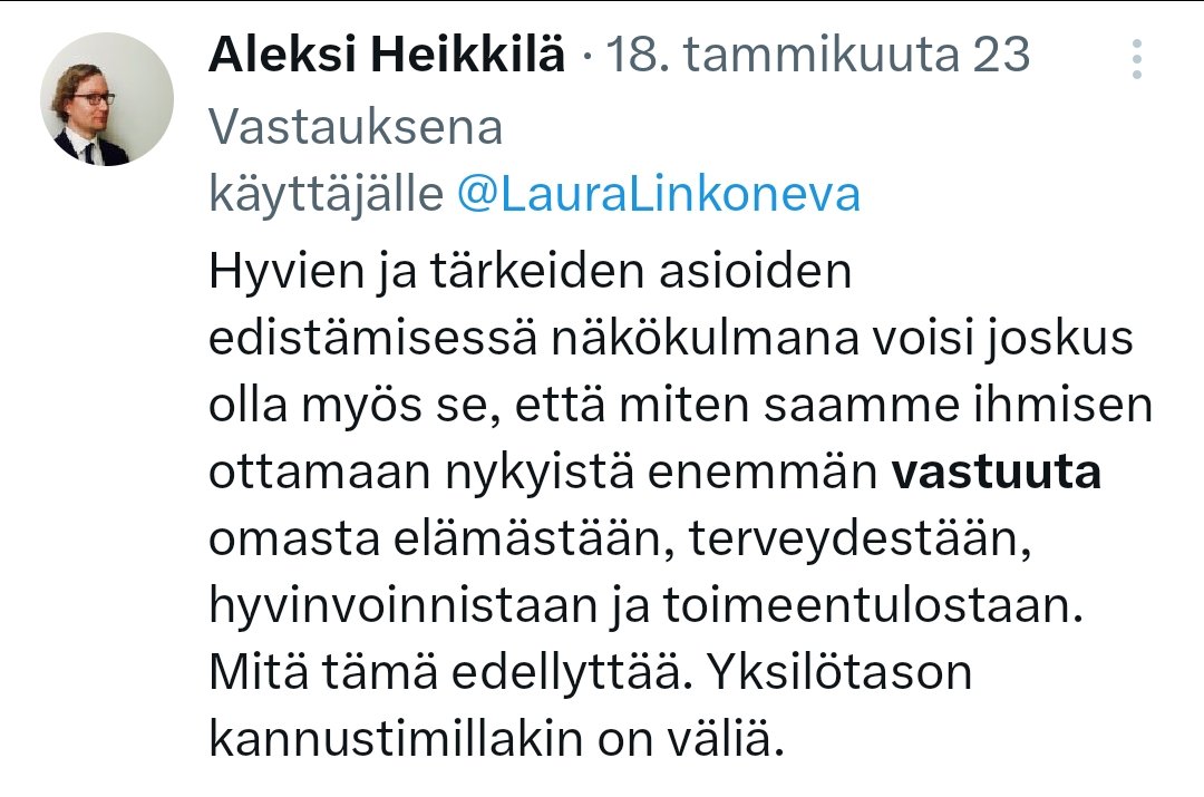 @RikuSutinen @jmkorhonen @alekheik @AlanSalehzadeh Aleksillakin hieman vaihtelee vastuunkantovaade sen mukaan, että onko kyseessä oikeistopopulistinen kansanedustaja vai pienituloinen lapsiperhe.