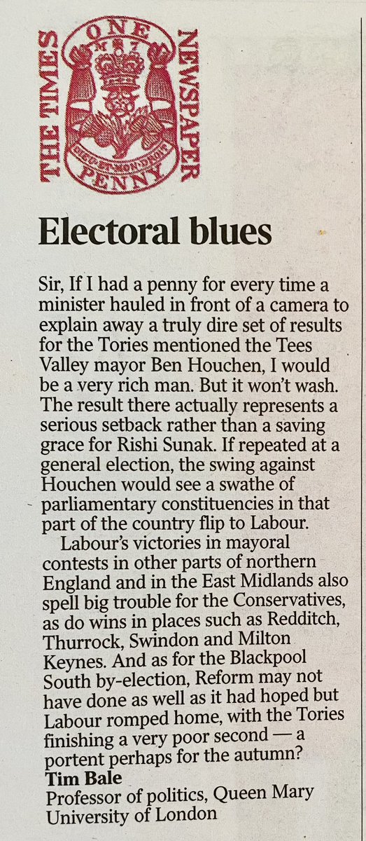 This is a glorious letter from @ProfTimBale on the Tories clinging desperately on to Houchen as their life raft in the raging electoral storm.
