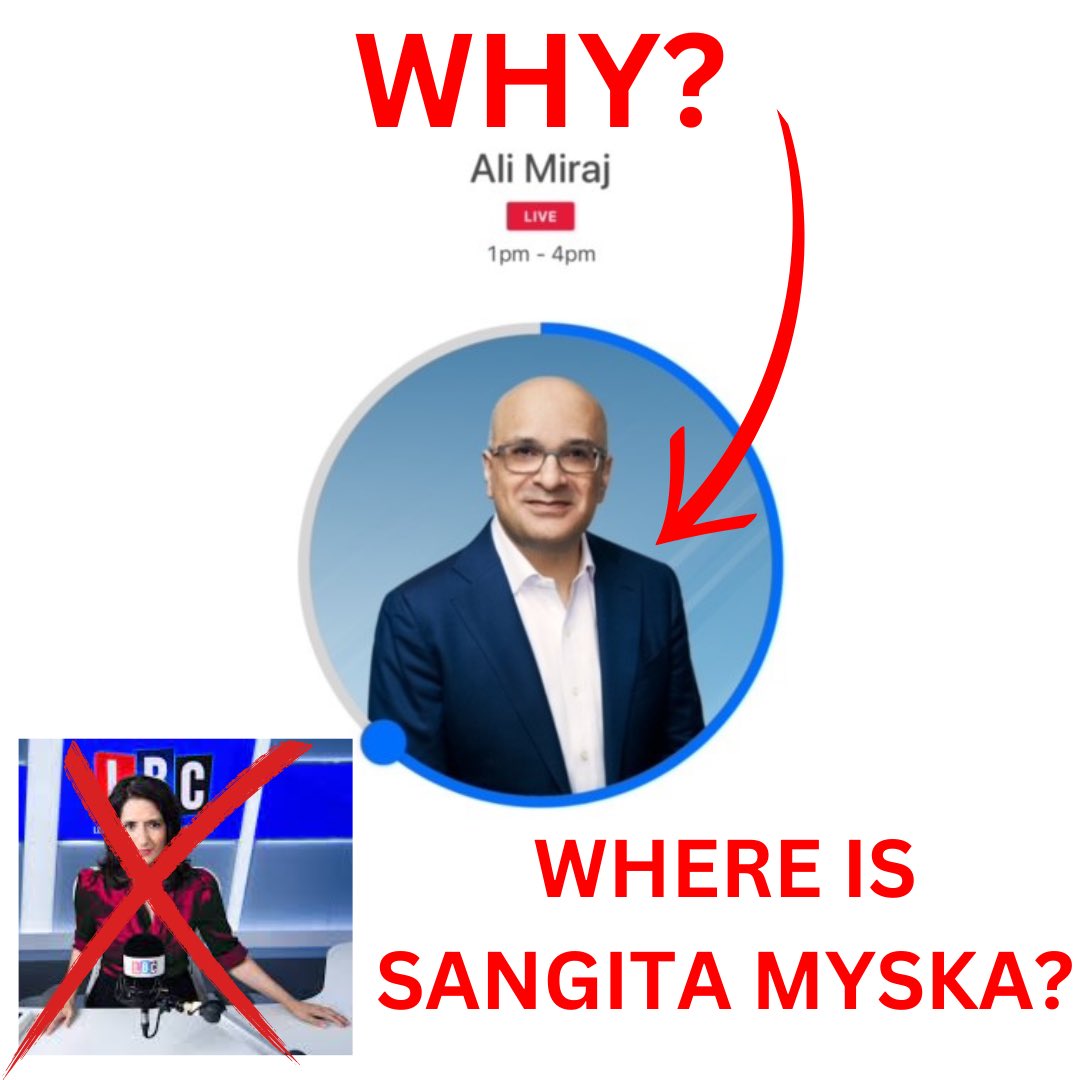 Where is @SangitaMyska ? Replacing Sangita with Ali Miraj and Vanessa Feltz is like replacing Fortnum and Mason with a Pound Store. @LBC @ClientMedia #DemocracyFailure #DeathOfJournalism @AshleyTaborKing