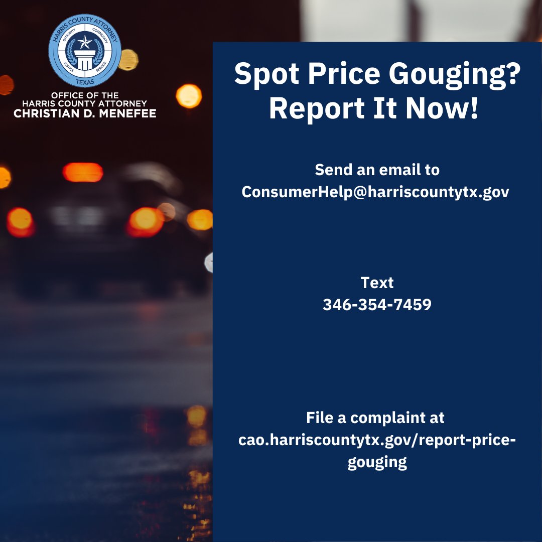 A disaster declaration was issued for #HarrisCounty due to flooding. Price gouging during emergencies is illegal. Report incidents to ensure fair access to essentials by following the following link: tinyurl.com/mrxv64um