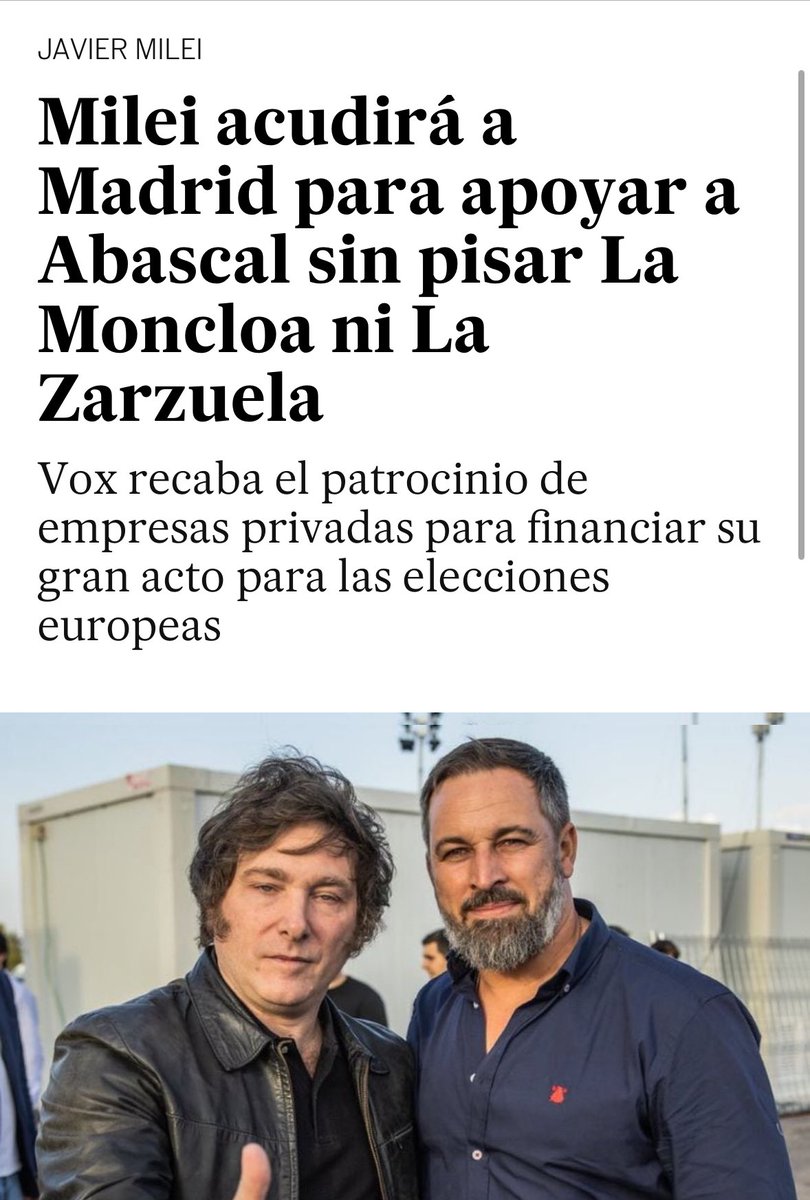 Que entre apoyar a su gobierno o a Milei iba a elegir a Milei no cotizaba. Ya pide que le hagan un sitio en el mitin con Abascal el 18 de mayo. Es imposible distinguirle ya de la extrema derecha.