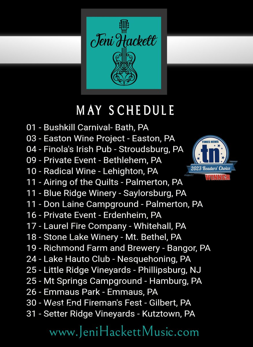 Happy May! Here's this month's calendar. 
#JeniHackettMusic #acousticmusic #acousticcovers #countrymusic #LiveMusic