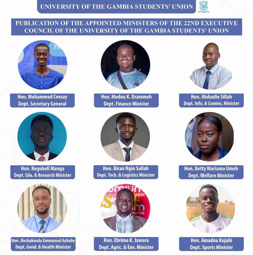 The 22nd Executive Council of the University of The Gambia Students’ Union published its appointed deputy ministers.