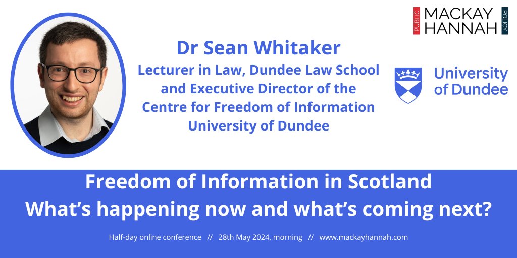 Dr Sean Whitaker, Lecturer in Law, Dundee Law School & Executive Director of the Centre for Freedom of Information, University of Dundee @dundeeuni will chair this conference.

Find out more tinyurl.com/yc39ydrp. Book your place and get 3 for 2. #FOI #FreedomOfInformation