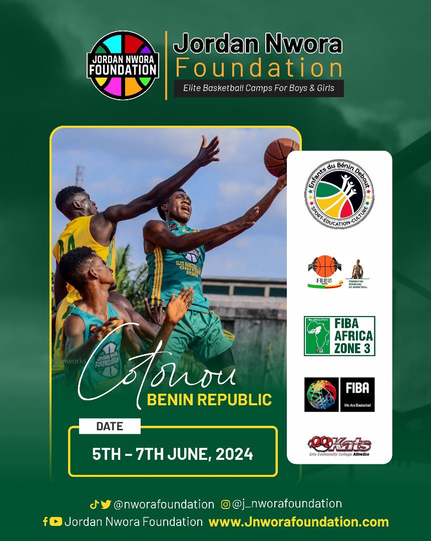Season 4 of Jordan Nwora Foundation #EliteBasketballCamp will start in COTONOU Benin Republic 🇧🇯 

Mark your calendar for 5th- 7th June 2024

In our quest to impact the lives of under-privileged kids around the globe.

#JordanNworaFoundation
#NBA #BeninRepublic #WeTheNorth