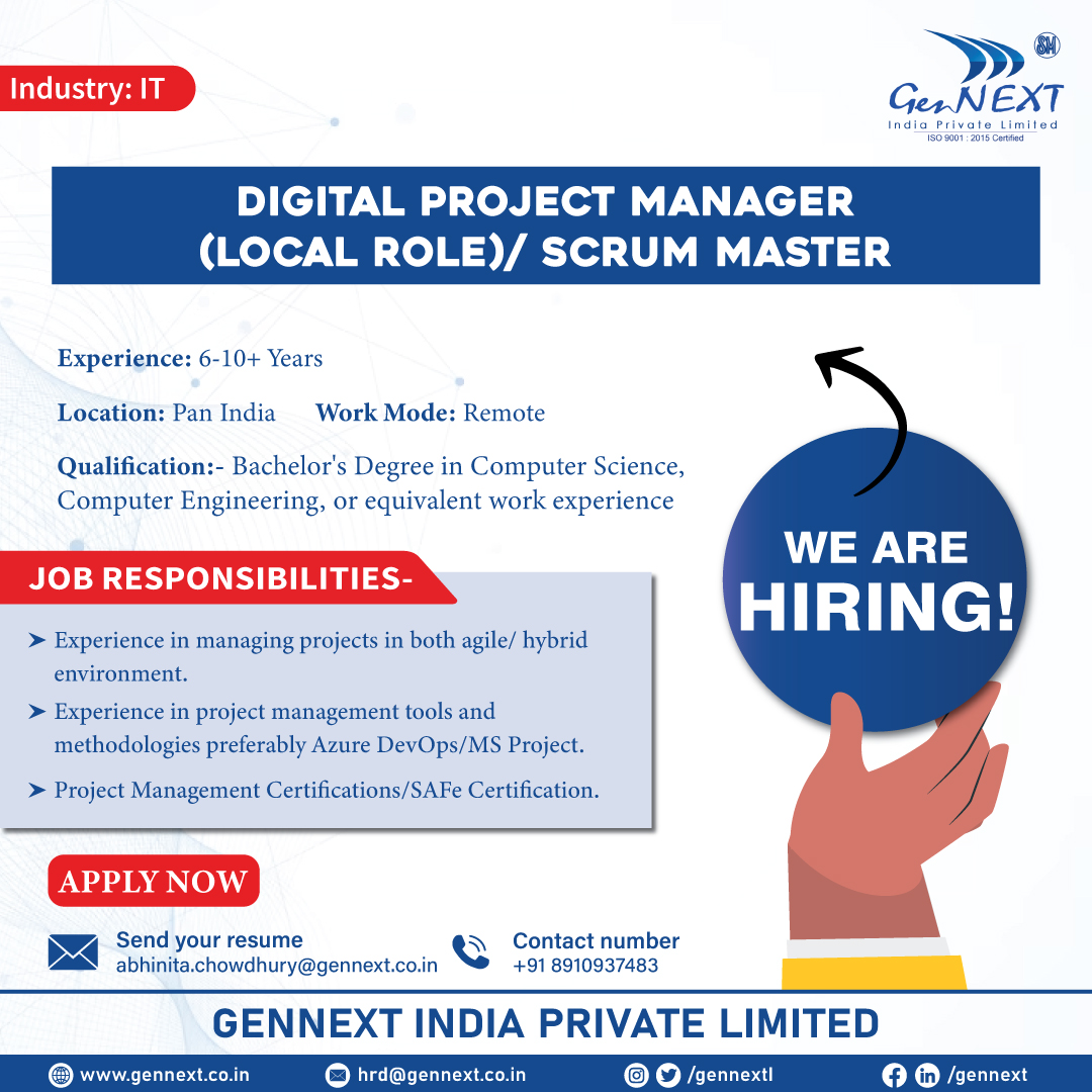 #UrgentHiring 💼📢🎯

Position: Digital Project Manager (Local Role)/ Scrum Master 
Location: Pan India
Work Mode: Remote

#DigitalProjectManager #IT #Remote #PanIndia #ComputerScience #Engineering #hiringnow #jobseekers #hr #jobopenings2024 #gennextjob #gennexthiring #GenNext