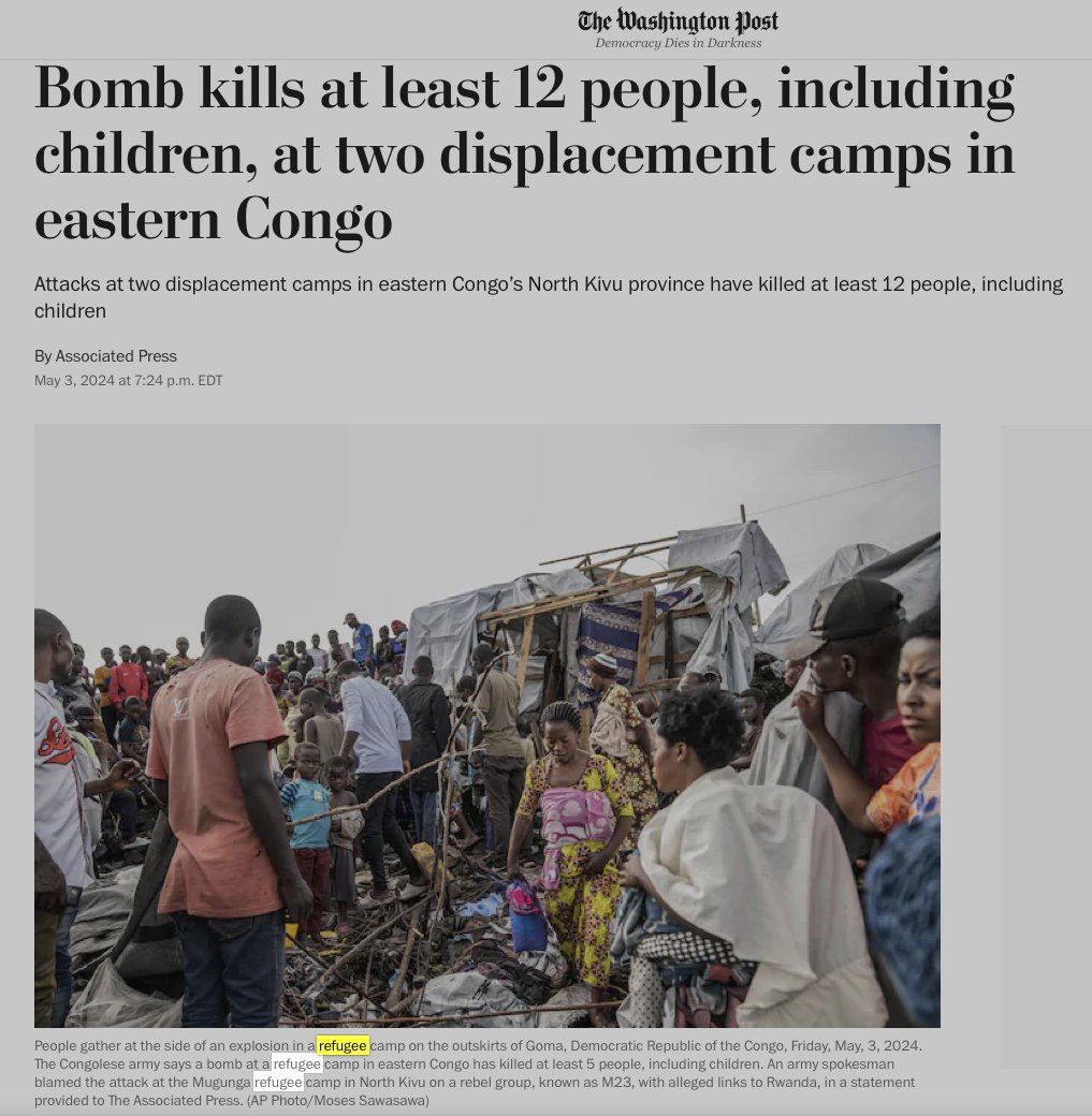 ... and, interesting to note in passing, the BBC calls it a 'displacement camp' (in Congo bombed, allegedly, by Rwanda) - not a single mention of 'refugees' in article ↙️ contrary to, for example, The Washington Post where it's a 'refugee camp' 3x already under the pic👇↘️