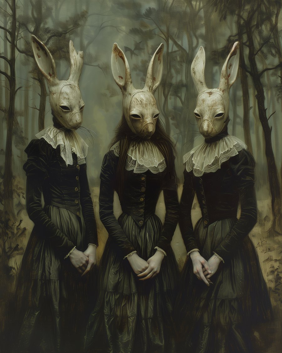 The Silent Trio
-
Interested in a print? Link in bio.

#darkacademia #rabbitcult #occult  #horrorart #darkart #occultart #spooky #oilpaint #gothart #aiart #darkpainting  #midjourneyart #gothicpainting #nightmare #darkaesthetic #horror #aiartcommunity