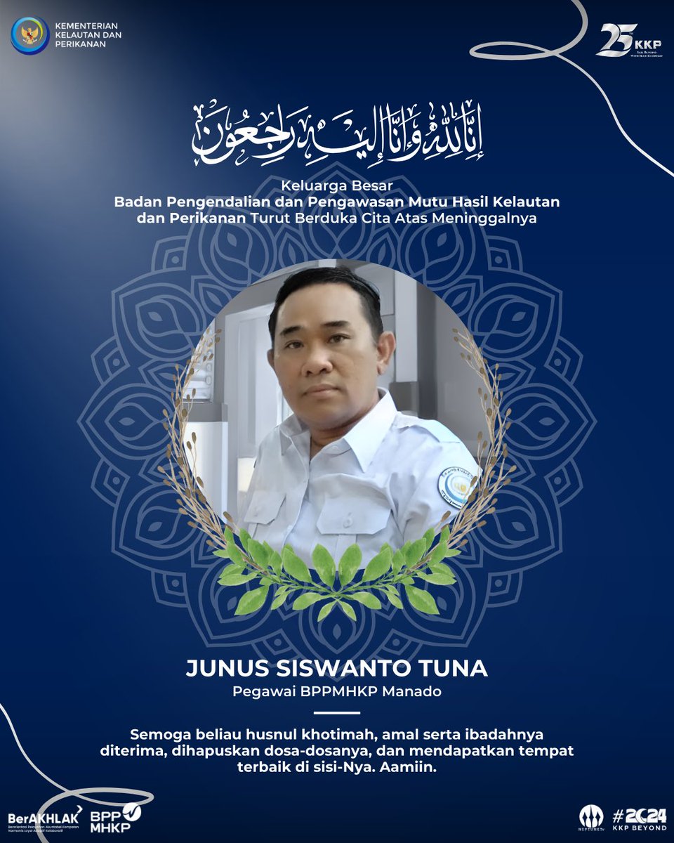 Keluarga besar BPPMHKP mengucapkan turut berbelasungkawa atas berpulangnya Sdr. Junus Siswanto Tuna, pegawai pada BPPMHKP Manado.

Semoga amal ibadah Almarhum diterima di sisi Allah SWT, diampuni semua dosa dan kesalahannya. Aamiin.