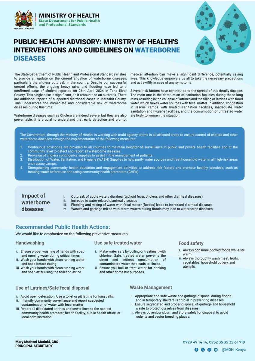 Public health advisory: Amid heavy rains, beware of waterborne diseases. Boil water before consumption, ensure proper sanitation, and use purified water for hygiene. Stay vigilant to prevent outbreaks. #Afyanyumbani