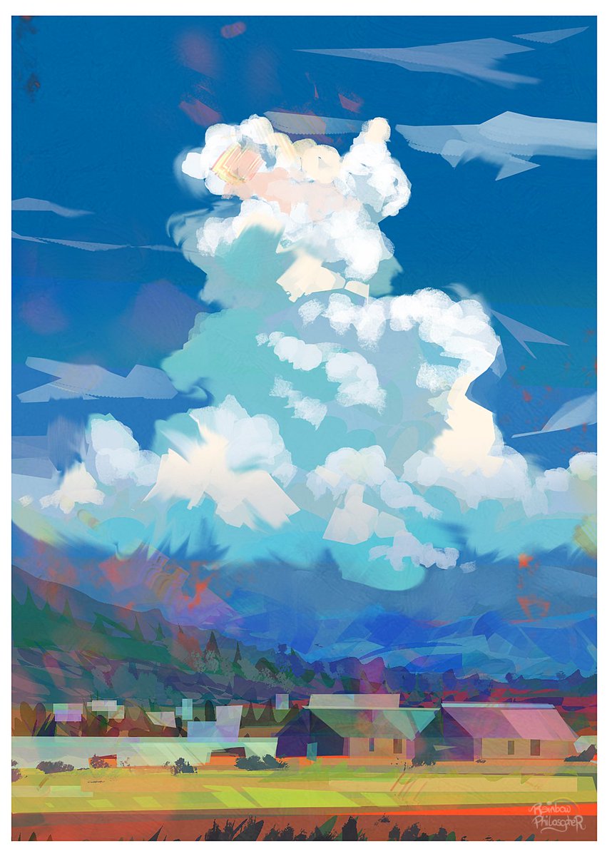 Another cloud/study.
This time I used a reference I found on Pinterest. ( from おくで on X)

Painted in Photoshop.

#pleinair #pleinairpril2024 #pleinairpainting #cloud #rainbow #valley #art #digitalart #humanart #noai #colorful #landscape #nature #bluesky
