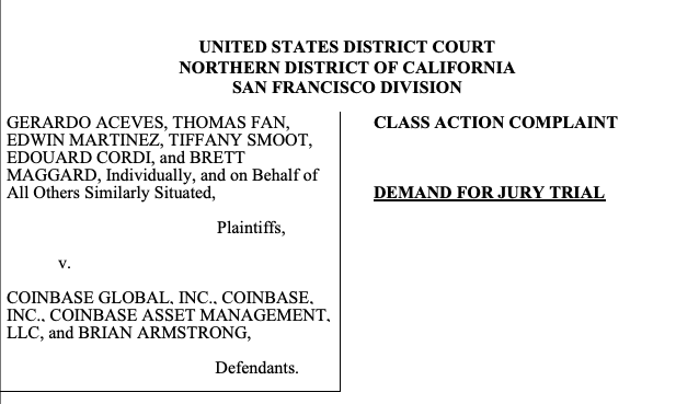 New lawsuit filed against <a href="/coinbase/">Coinbase 🛡️</a> yesterday:

- Brought by individual complainants

- Claims ALGO, MANA, MATIC, NEAR, UNI, SOL, XLM &amp; XTZ are securities, which complainants invested in due to alleged misleading statements by Coinbase

- Claims they lost money investing in the
