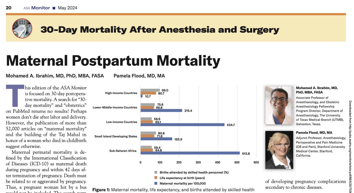 In May ASA Monitor, Dr. Mohamed Ibrahim writes, 'Our ability to understand and synthesize multiple aspects of a patient's life in short order makes us uniquely able to reduce postpartum maternal mortality.' tinyurl.com/4v9nckb3 @UTMB_OB_anesth @TSAPhysicians @SOAPHQ
