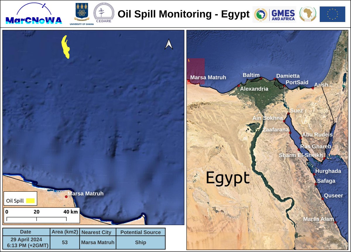 On 29 April 2024 #oil-spills were observed on The Mediterranean Sea, near Marsa Matrouh, Egypt covering an area of nearly 53 Km2. The potential source of this is a ship. This service is provided by #MarCNoWA project under the #GMESAfrica program.
