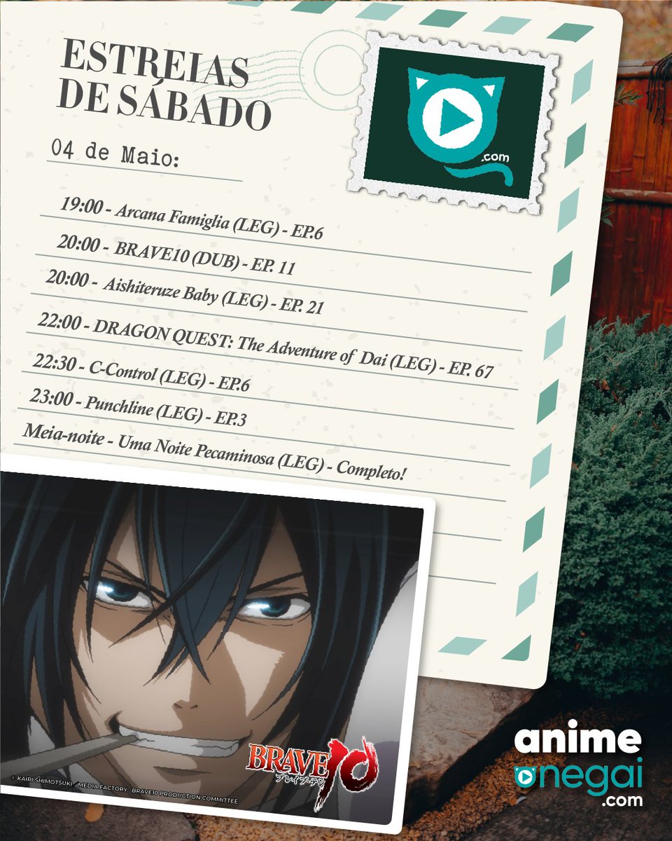 🌕 A noite deste sábado está cheia de animes para todos os gostos na #AnimeOnegai. Tem máfia exotérica com Arcana Famiglia, ninjas e guerreiros místicos com Brave 10, intrigas milionários de C-Control e a estreia de Uma Noite Pecaminosa. 🌝
#anime #animesbrasil