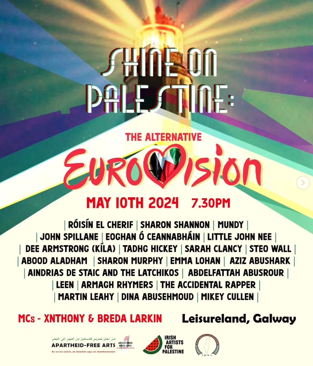 If you're conflicted about #Eurovision- the great party for the sublime, the ridiculous and the g3nocida£- please consider supporting @ApartFreeArts' excellent Alternative Eurovision in Dublin & Galway this Friday 10th May, hosted by @PantiBliss / @xnthony #TheLineUpTho 😍 Link👇