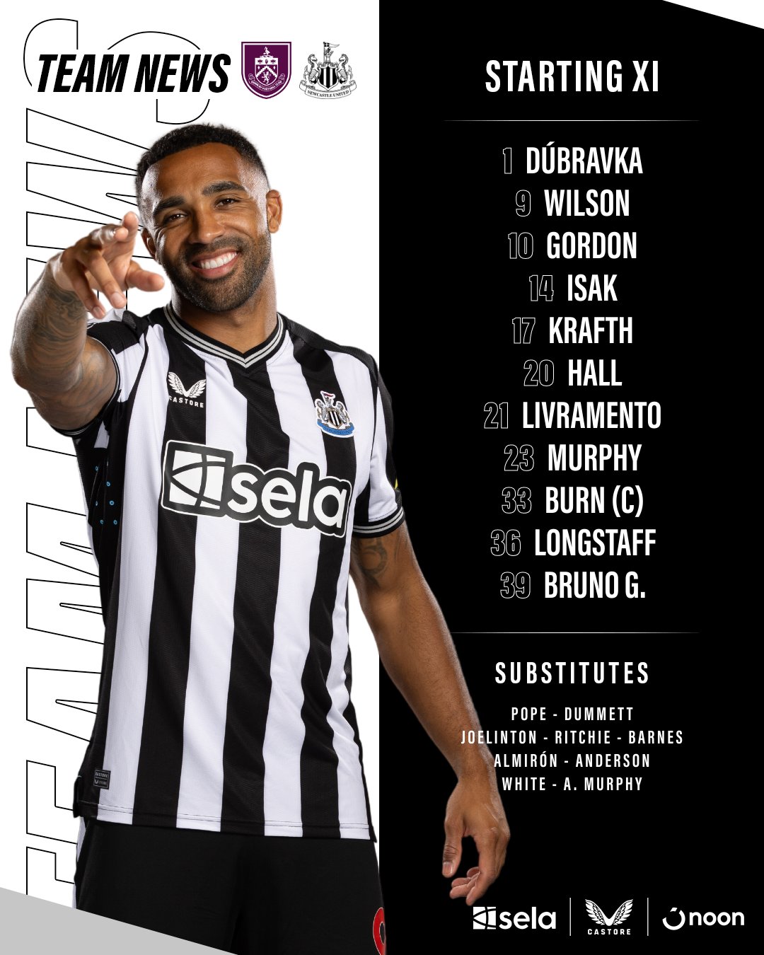 Burnley v Newcastle United: Dúbravka, Wilson, Gordon, Isak, Krafth, Hall, Livramento, Murphy, Burn, Longstaff, Bruno.