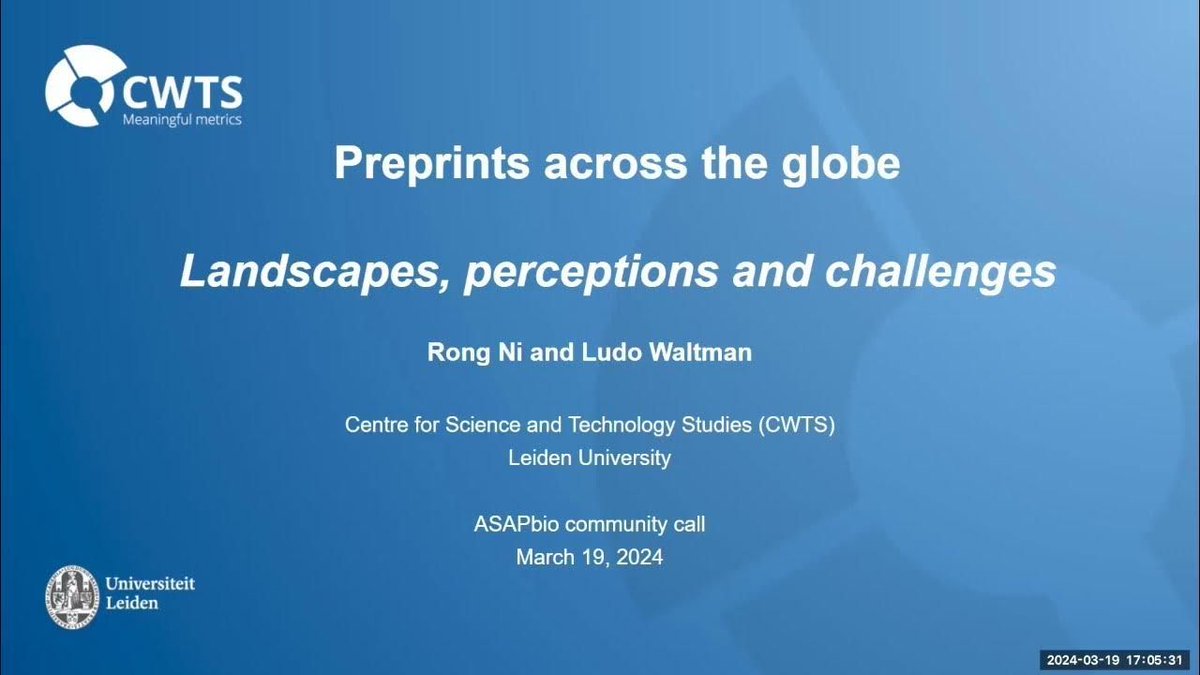 ICYM, our recent Community Call with Ludo Waltman, you can now view it on YouTube! Learn about 'Preprints across the globe; landscapes, perceptions, and challenges' and let us know your thoughts in the comment section! buff.ly/44dW30m #ECRs #publishing #OpenScience