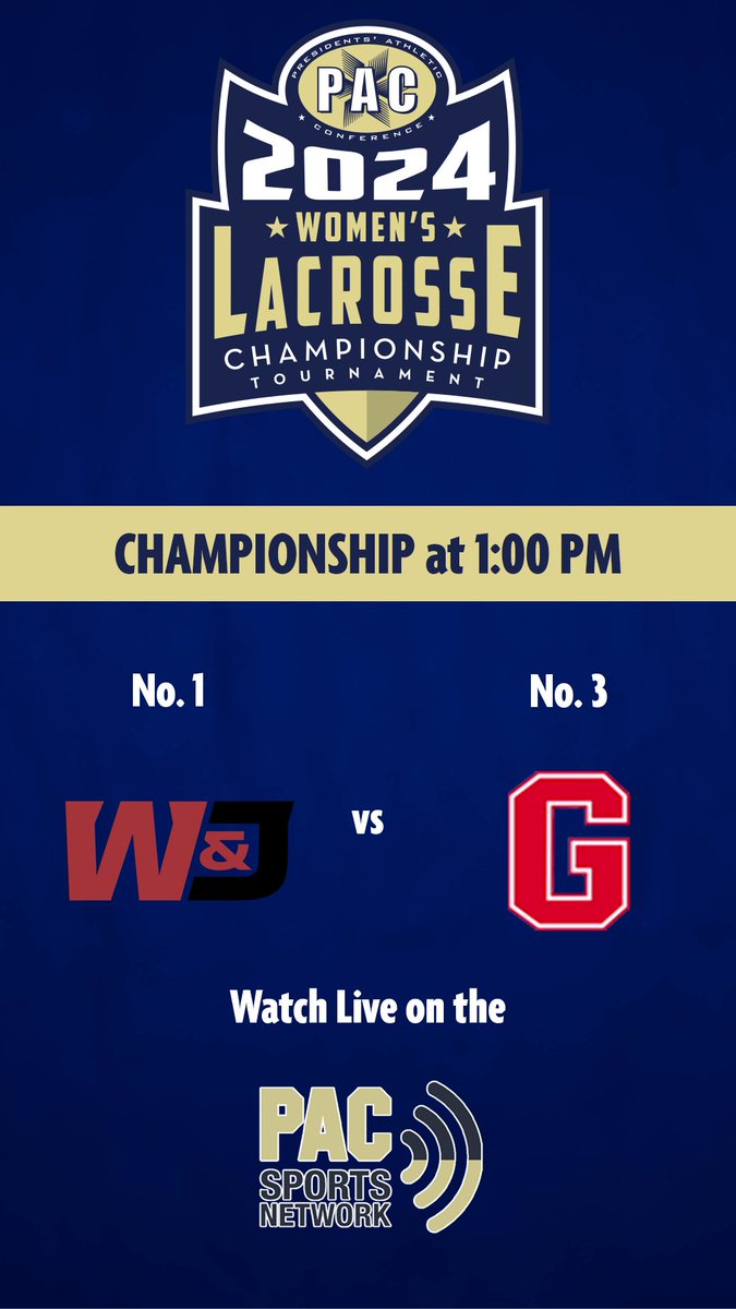 It's a championship kind of Saturday in the PAC! No. 1 @wjathletics hosts No. 3 @GCC_Wolverines in the Women's Lacrosse Championship game today at 1pm in Washington, Pa. Watch the action live on the @PACSports pacstream.net/pac-womens-lac…