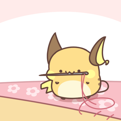 ライチュウ 「pixivに「おさいほう」を投稿しました。 ライチュウが布をぬうだけのイラスト。」|カフェのイラスト