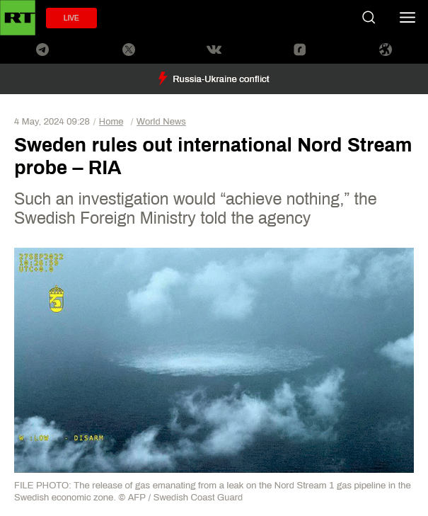 1/8 🧵 Sweden rules out international Nord Stream probe Such an investigation would “achieve nothing,” the Swedish Foreign Ministry told the agency There is no need for an international investigation into the explosions on the Nord Stream 1 and 2 natural gas pipelines, 1/