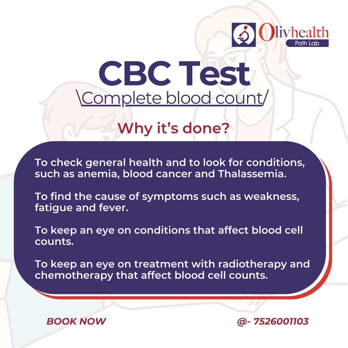 'Stay ahead of your health with our comprehensive CBC tests! From detecting anemia to monitoring treatment progress, OlivHealth Path Lab is here to support your well-being every step of the way.'

#HealthFirst #CBCtest #OlivHealthPathLab #pathlab #healthcare