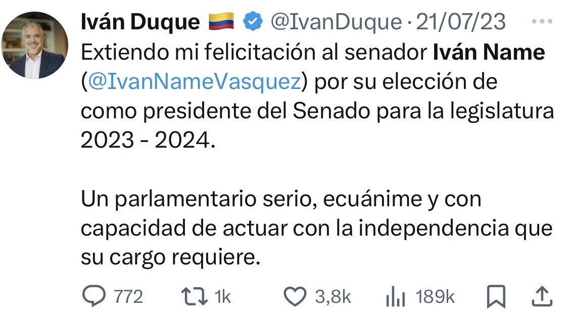 Si Iván Duque fuera el presidente de Colombia, el delincuente Y Presidente del Senado  Iván Name, sería  condecorado con la Cruz de Boyacá.