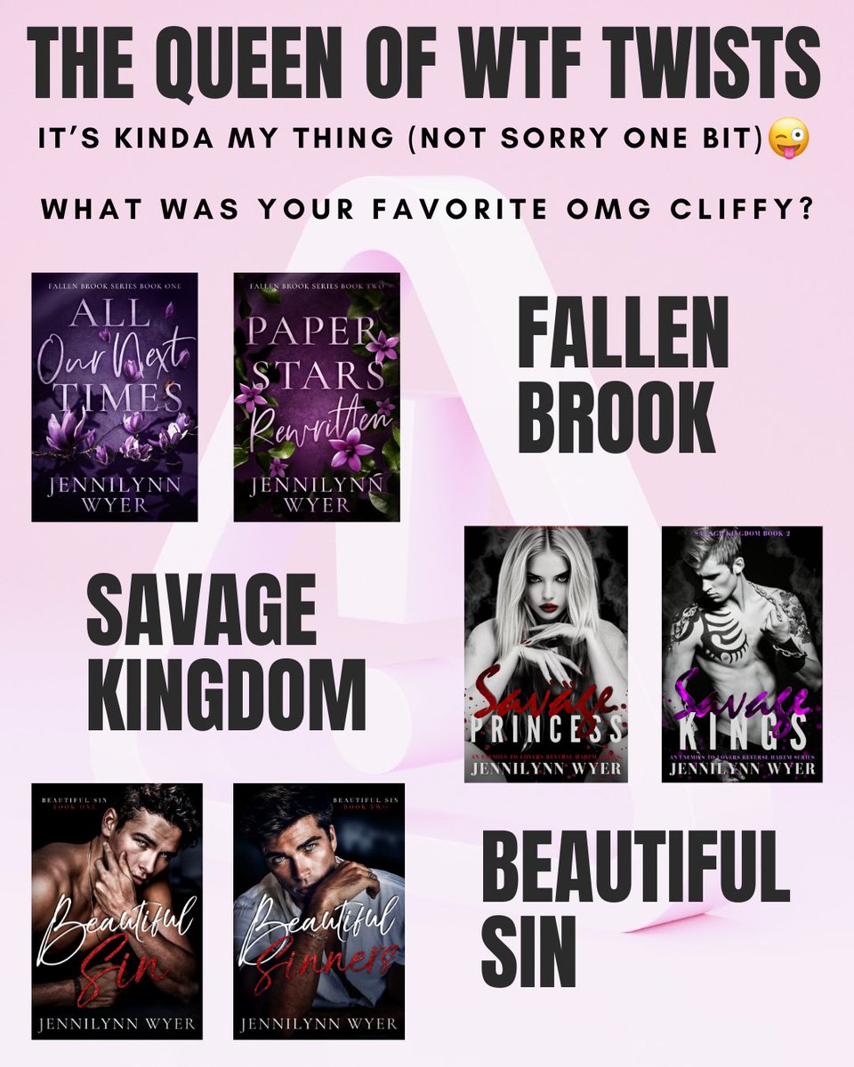 The Queen of WTF Twists and Cliffys. Which one was your favorite? jennilynnwyer.com #romancebooks #books #RomanceReaders #TBR #BooksWorthReading #booklover #ReverseHarem #BookTwitter #DarkRomance #reader #mustread #booktwt #Reading #steamyromance #KindleUnlimited