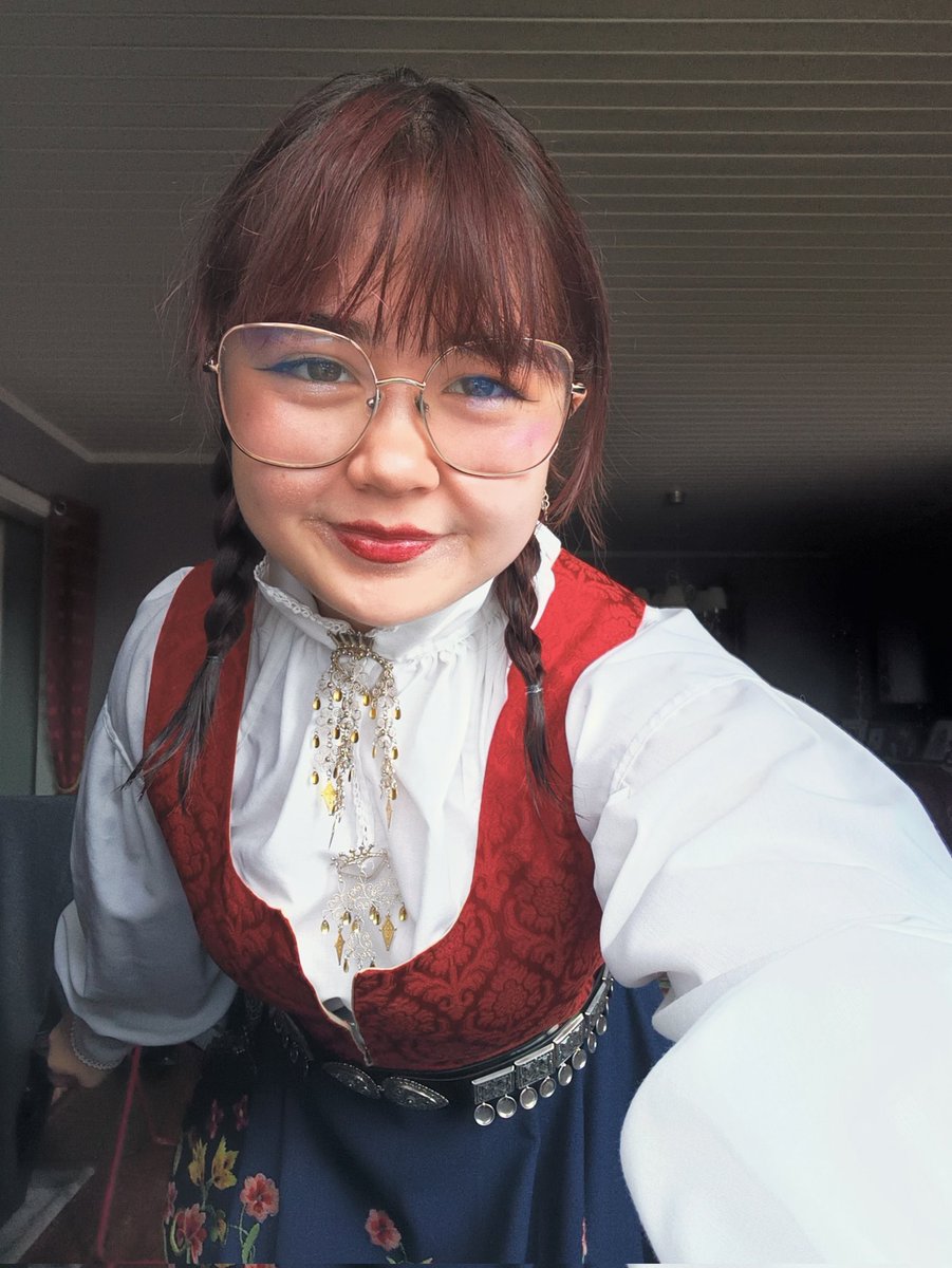 Look at my bunad!! (Norwegian folk dress) 
going to a confirmation with my bfs family 🩷
