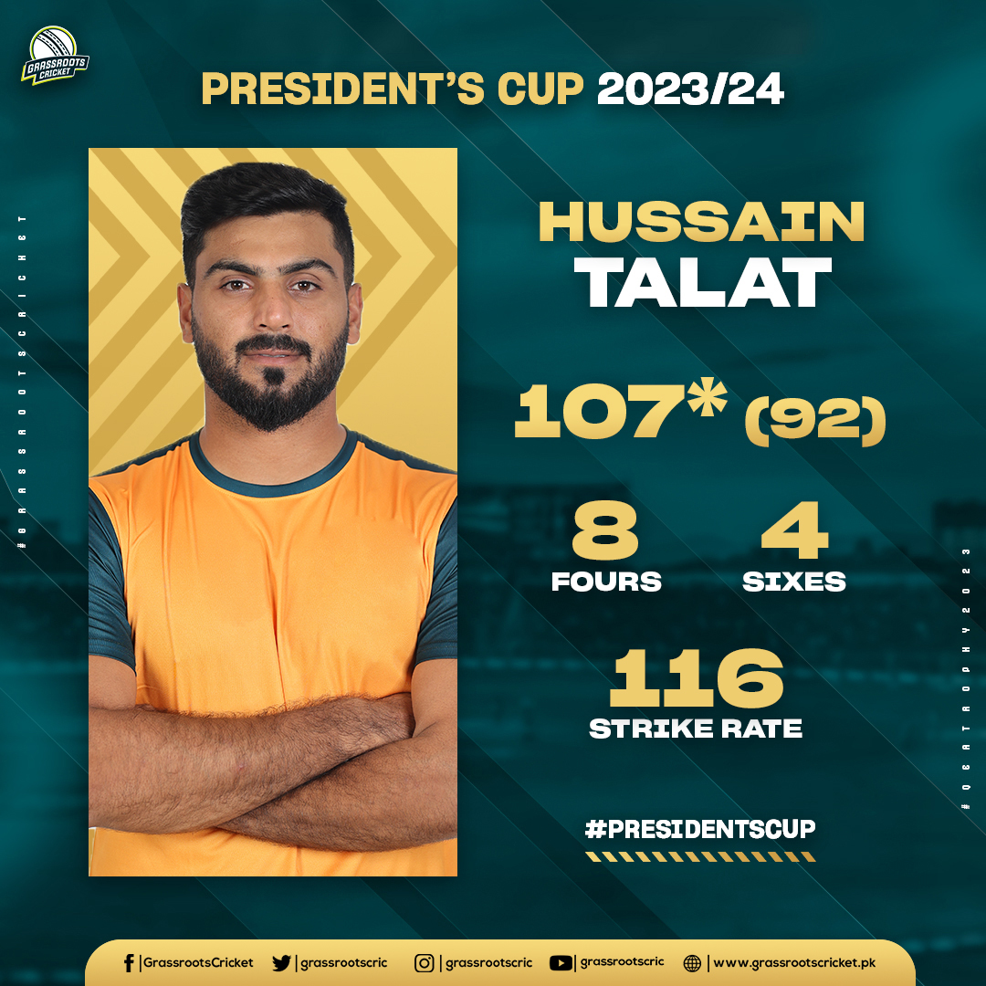 8th List A century for Hussain Talat! 👏🏽

122* (94), 82 (97), 107* (92) – He continues his remarkable run in the President's Cup.

#PresidentsCup