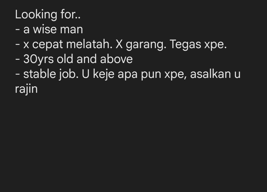 @TwtJodohMY Simple bio abt me. - stable job - 160cm - i byk je cakap,cuma kadang² bila i byk fikir,ada masalah, i akan diam utk tenangkan diri - i harap future husband pun boleh open utk bincangkan vision rumahtangga dgn i. Wow. Yes. Perlu ada strategy utk pertahankan rumahtangga