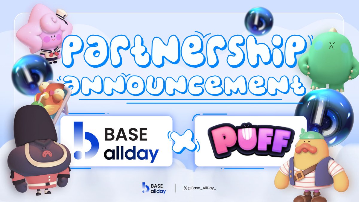 🤝 PARTNERSHIP ANNOUNCEMENT: Base allday x Puffverse

🔵 @Puffverse is not just a Metaverse with a fun Party Game, MMORPG, Cloud Gaming Platform...

🎯 Our collaboration will provide valuable insights, information, and more to the entire community.

#Base_allday_ #Puffverse
