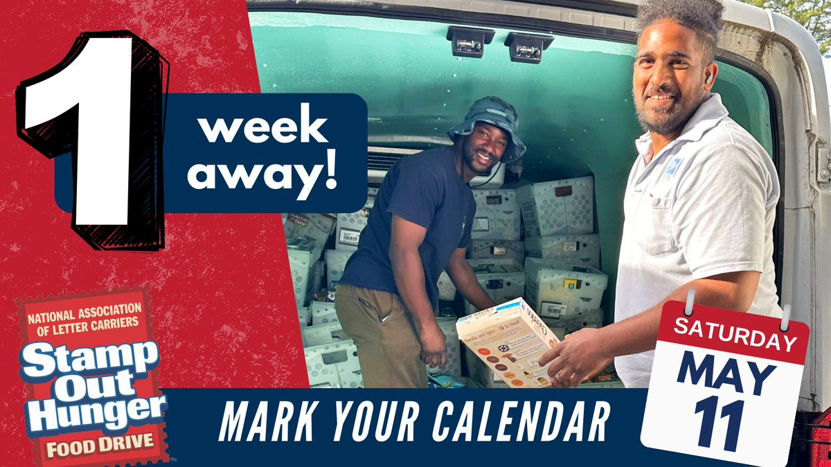 StampOutHunger's tweet image. Only one week to go until the largest one-day food drive in the nation! Next Saturday, letter carriers around the country will hit their routes ready to collect your bags of non-perishable food donations. Together we can #StampOutHunger! Learn more here: nalc.org/food