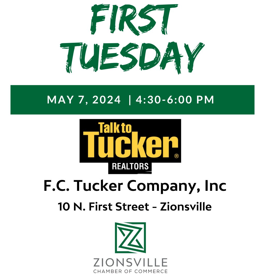SAVE THE DATE! Our May 'First Tuesday' networking event will take place on May 7th at F.C. Tucker on First Street in downtown Zionsville! Hit up our events page for more info: ecs.page.link/SKRMY #FCTucker #TalkToTucker #FirstTuesday #ZionsvilleChamber