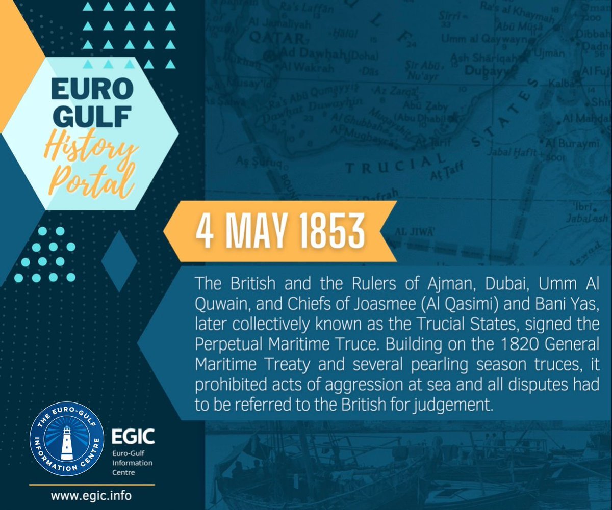 #PortaleStoricoDelGolfo🔍| 171 anni fa, il #RegnoUnito e i leader di #Ajman, #Dubai, Umm Al Quwain, Joasmee e Bani Yas (noti come Stati della Tregua), firmarono la Perpetual #Maritime Truce, vietando ogni aggressione in #mare e rendendo il🇬🇧 l’arbitro. 🟡egic.info/gulf-history-p…