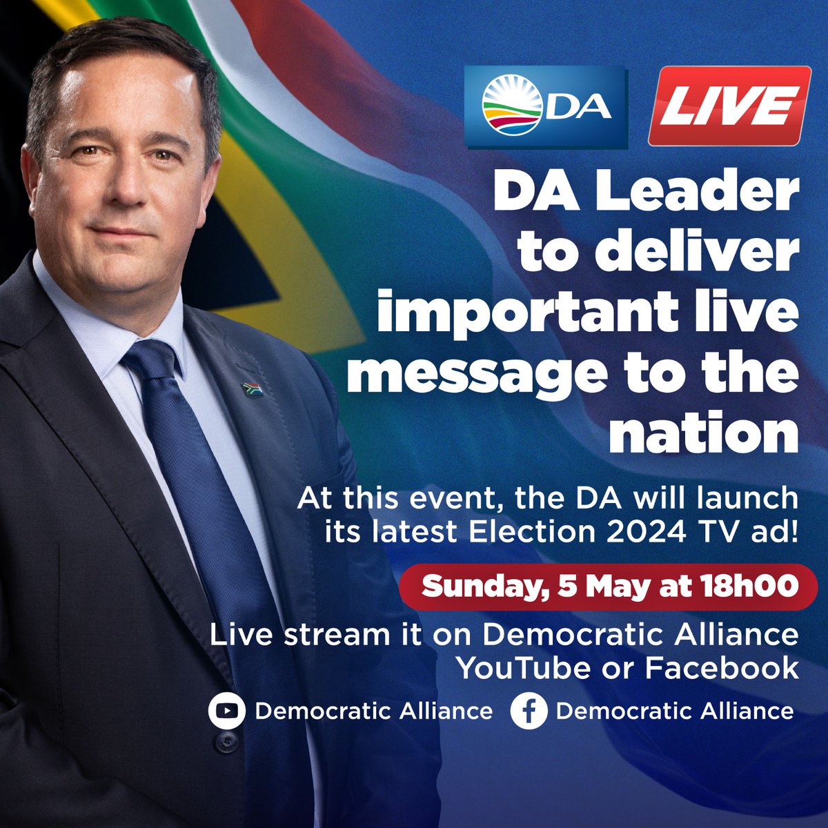 🔔 Set your reminder. Tomorrow, Sunday 05 May at 18h00, DA Leader John Steenhuisen will deliver an important message to the nation. Watch this live on the DA's Facebook and YouTube pages: youtube.com/live/pSXGanoaF… Be part of the historic mission to #RescueSA. 🇿🇦
