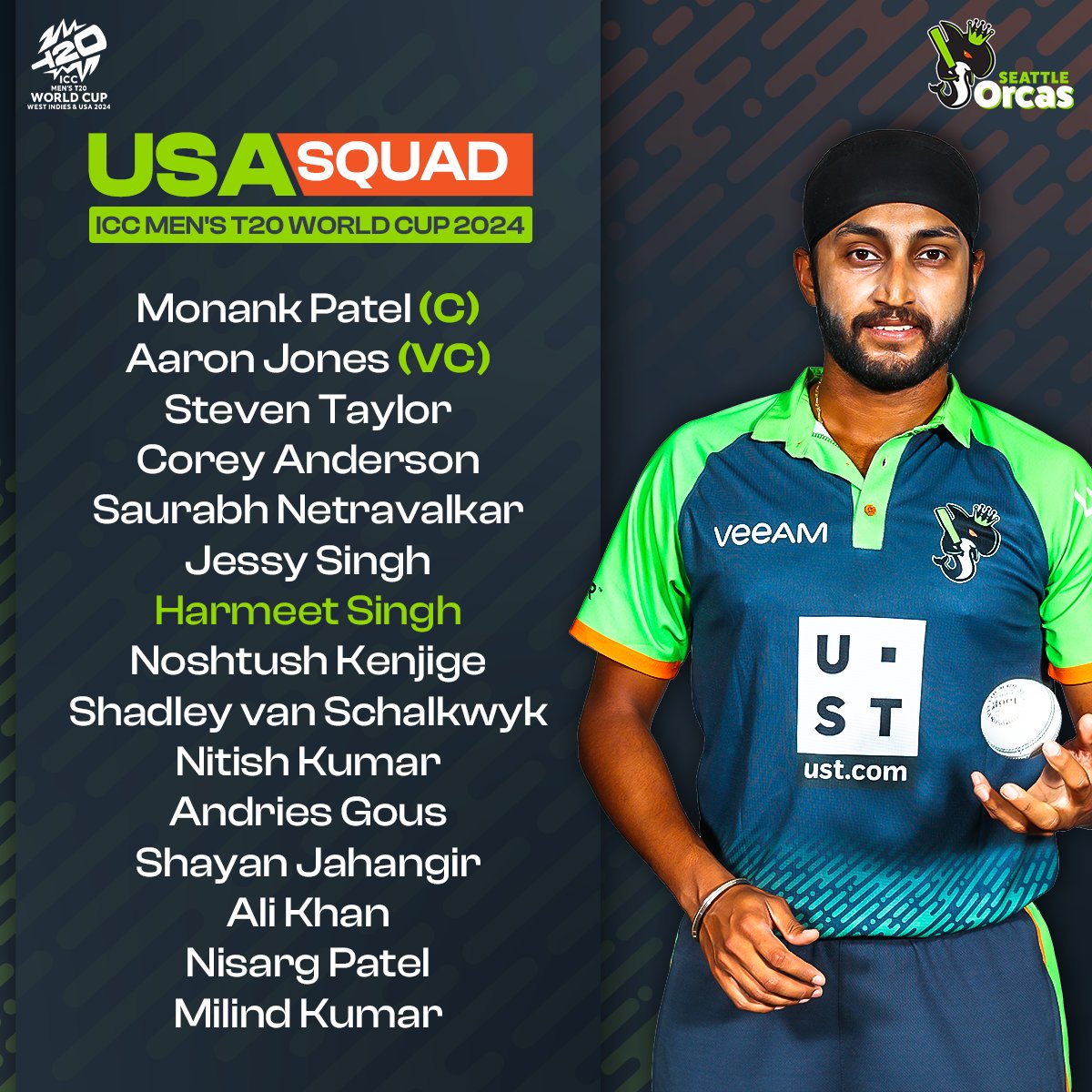 𝐓𝐡𝐞 𝐮𝐧𝐬𝐭𝐨𝐩𝐩𝐚𝐛𝐥𝐞 𝐟𝐨𝐫𝐜𝐞𝐬 for the host nation have landed 🛬 

#Podsquad, here are the members of the USA #T20WorldCup squad - drop in your best wishes 🏏🇺🇸

#SeattleOrcas #MajorLeagueCricket #AmericasFavoriteCricketTeam #AFCT