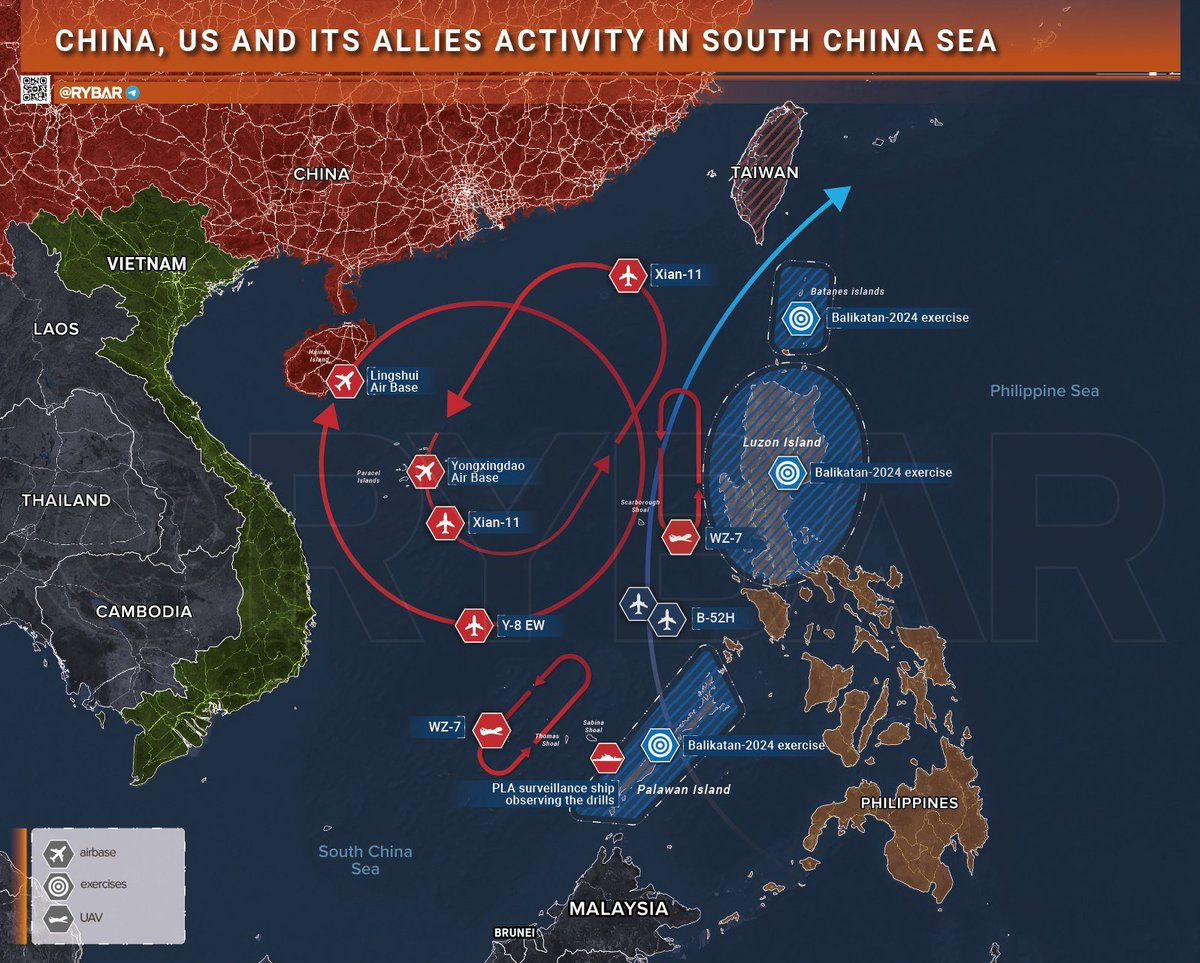 🧵 1) Map of activities & deployments of #US allies & #PLA forces in the #SouthChinaSea during #Balikatan2024 exercises April 26 - May 10

The Chinese military is closely watching the drills.

On May 1, two B-52H bombers from the Andersen Air Force Base (Guam) flew over the South…