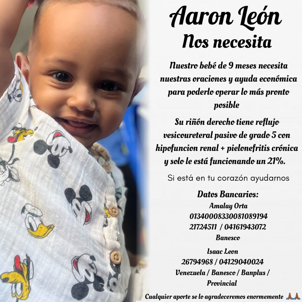 IreneMSola's tweet photo. #ServicioPúblico El bebé Aaron León necesita ayuda económica para ser operado de emergencia, debido a una condición de sus riñones 🥺

Cualquier aporte será bien recibido, si no puede donar, compartiendo la información ayuda mucho para llegar más rápido a la meta 💙🤗 https://t.co/a5qizr1y6b