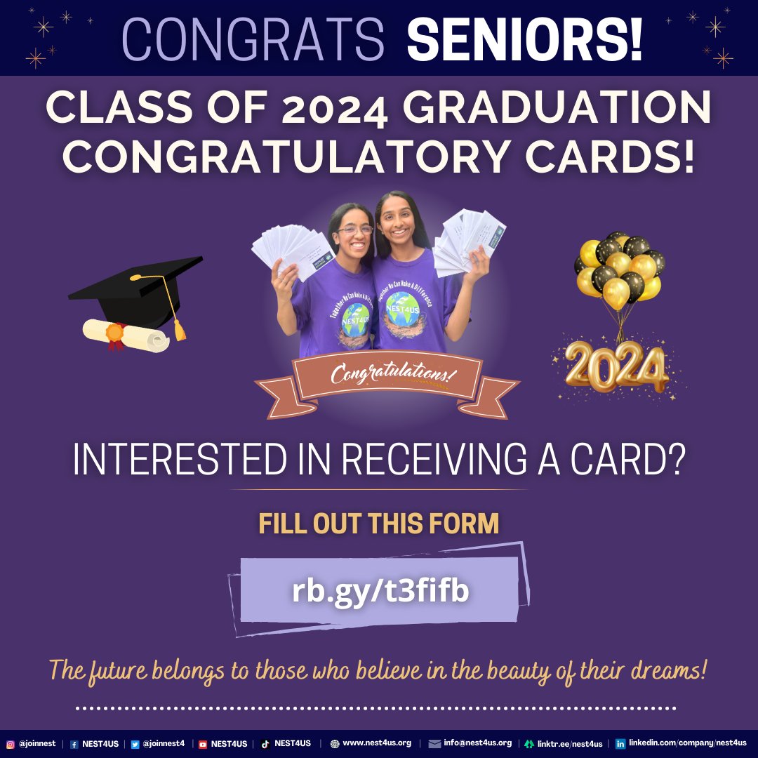 Let's #honor the #hardwork of our #ClassOf2024 across the #nation & show them how #proud we are of their #success!🎓🎉Fill out this form to receive a #graduation #congratulatorycard from #NEST4US: rb.gy/t3fifb #Graduates #Students #Kindness nest4us.org