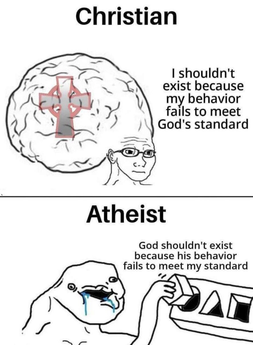 Christians can’t meme. In what universe is admitting you’re religiously indoctrinated considered a sign of intelligence?