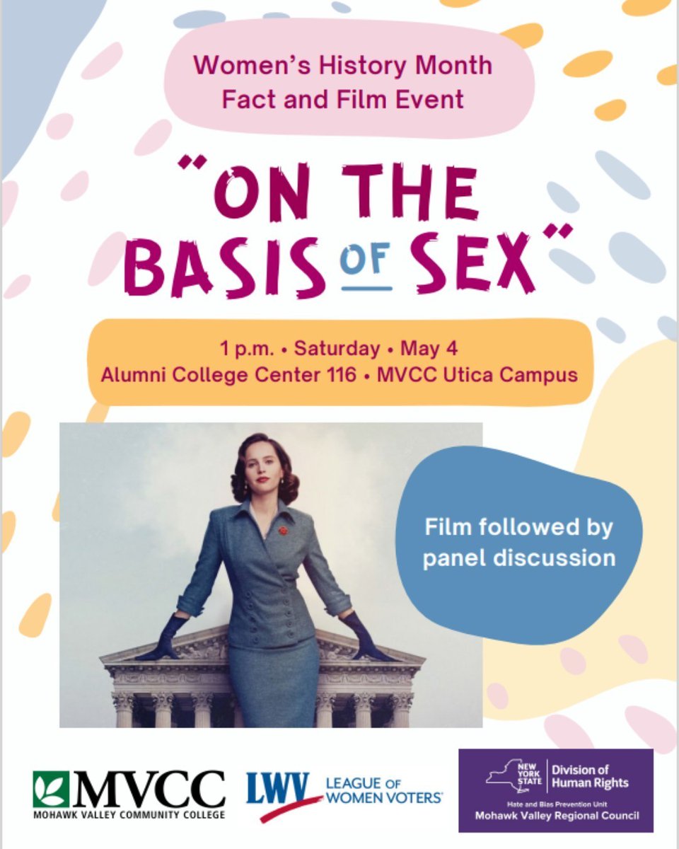 Join the HBPU Mohawk Valley Regional Council and @LWV today at 1 pm at the MVCC Utica Campus for a screening and Panel Discussion of “On the Basis of Sex”. Hope to see you there!