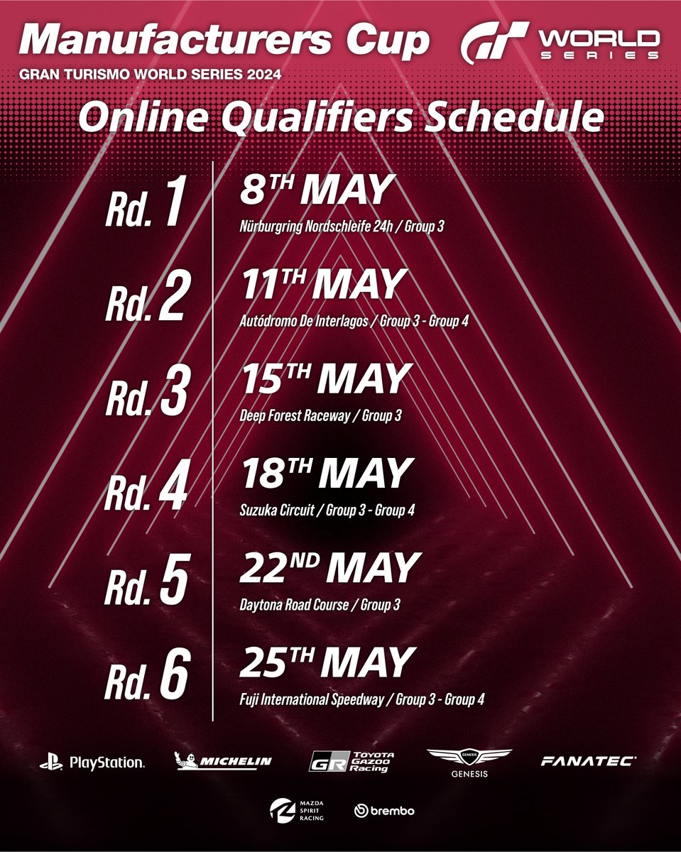 #GTWS Gran Turismo World Series 2024 🏆 The quest for dominance continues with the #ManufacturersCup online qualifiers! Pick your favorite car brand for intense rounds on legendary tracks, starting Wed 8th May. 🏁🚙 #GTWorldSeries #GT7 #GranTurismo