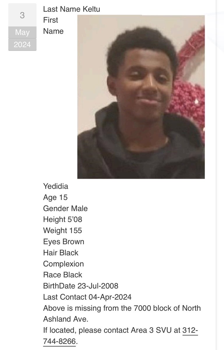 #MissingChild #MissingTeen #Chicago If located, please contact Area 3 SVU at 312-744-8266.