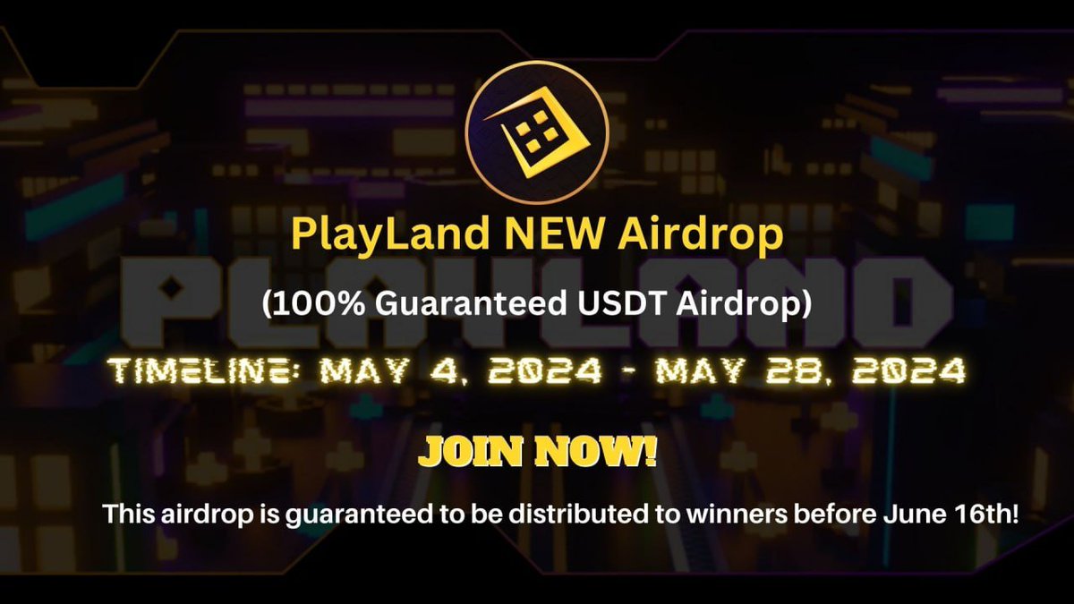 New airdrop: PlayLand (New & Guaranteed) Reward: 2 USDT News: Guaranteed Distribution date: June 16th Airdrop Link: t.me/PlaylandGuaran… Also join Zealy: zealy.io/cw/playlandgg The top 100 referrals will each get more USDT Note: This airdrop is guaranteed to be…