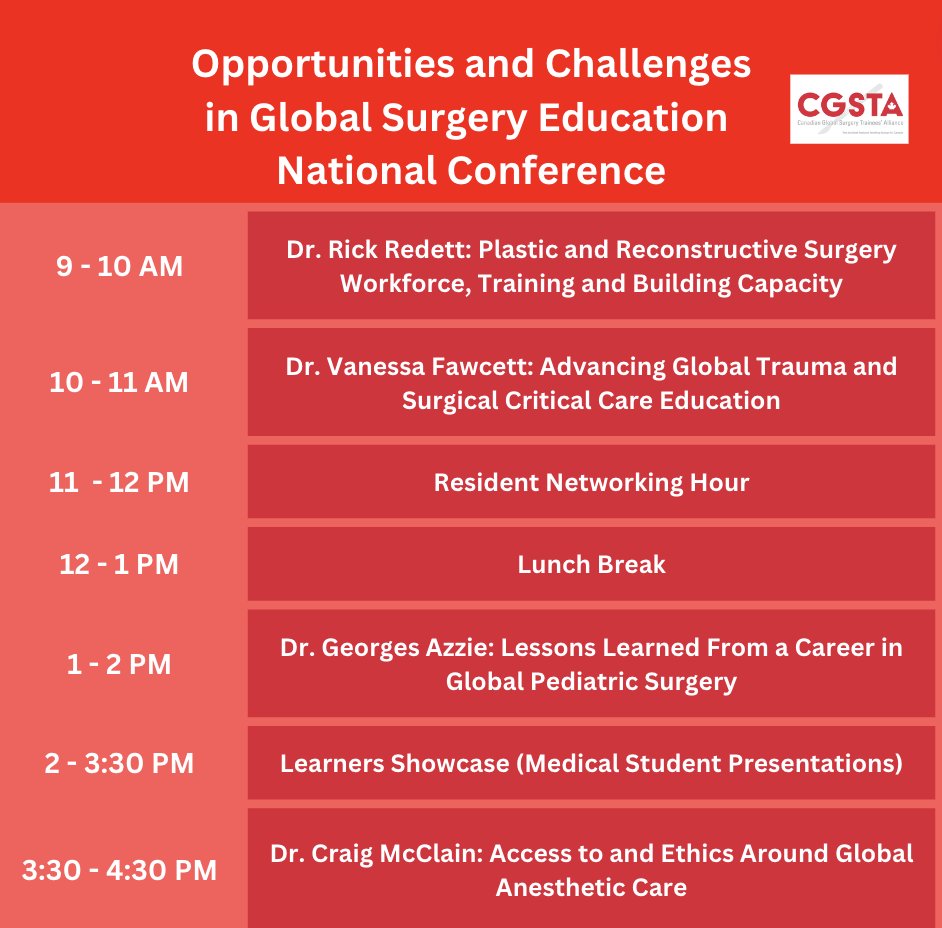 We're excited to be hosting the Opportunities and Challenges in Global Surgery Education National Conference on May 4 from 9 - 4:30 PM EST. Checkout our lineup of speakers, and register to join! forms.gle/msSodS7JUGnCi5… #globalsurgery