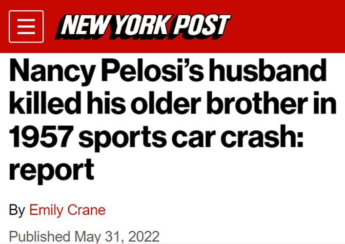 ICYMI like I did 👀 NY Post published this when Nancy Pelosi's husband, Paul Pelosi, was arrested after he got hammered and crashed his Porsche on a Napa County road in May 2022.