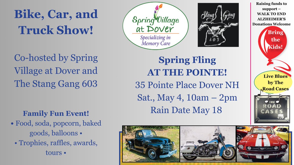 Enjoy antique cars, food and live music at Spring Fling at the Pointe today, May 4. This family-friendly event will be held from 10 a.m. to 2 p.m. at 35 Pointe Place, Dover.