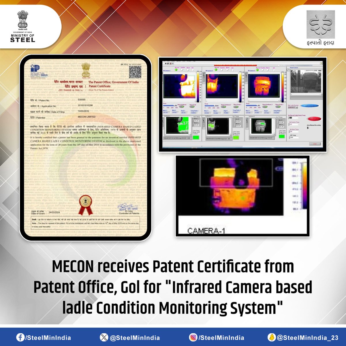 #MECON earns a patent from the Government of India for an 'Infrared Camera Based Ladle Condition Monitoring System'. This system, which utilizes cameras & vision algorithms is commissioned for ladles in the SMS-II Shop- #RSP Rourkela, #SAIL. #Innovation #Patent