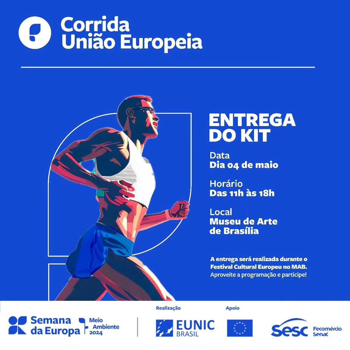 🏃🏻‍♂️🏃🏽‍♂️‍➡️🏃🏻‍♀️🏃🏾‍♀️‍➡️ Atenção aos atletas que vão correr na Corrida União Europeia. Os kits podem ser retirados ao logo do dia, no Festival Cultural Europeu. O evento começa às 11h e vai até às 18h. 📲 Confira a programação: semanadaeuropa.com.br 🇪🇺

#bsb #esporte #corrida #EUNIC